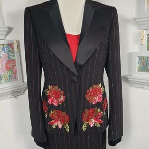 Escada 4p Black & Red Pinstripe w/Sequin Flowers - Feminine Nostalgic Vintage